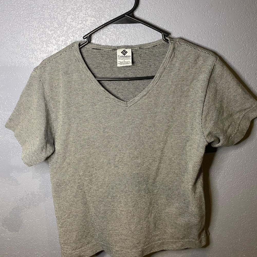 Vintage Columbia woman's short crop 100% cotton heavy v neck grey L